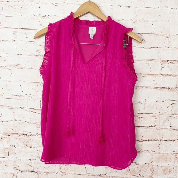 Joie Tops - Joie Blouse Hot Pink Sleeveless Ruffled Slit Neck with Tie Top Size Small